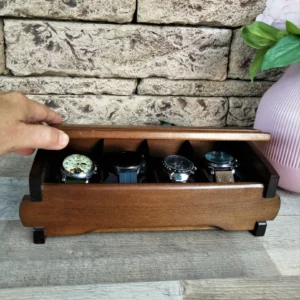 Wood Watch Box Handmade, Watch Organizer 4 Compartments, Birthday Husband Gift