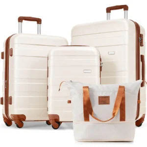 Luggage Sets 4 Piece, Expandable ABS Durable Suitcase with Travel Bag, Carry On Luggage Suitcase Set with 360 Spinner Wheels, ivory and brown