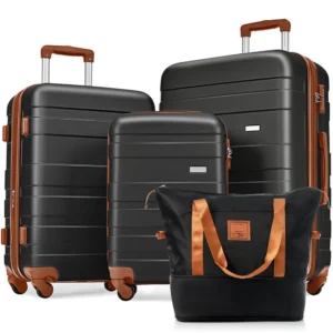 Luggage Sets 4 Piece, Expandable ABS Durable Suitcase with Travel Bag, Carry On Luggage Suitcase Set with 360 Spinner Wheels, black and brown