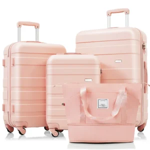 Luggage Sets 4 Piece, ABS Durable Suitcase with Travel Bag, Carry On Luggage Suitcase Set with 360 Spinner Wheels, pink