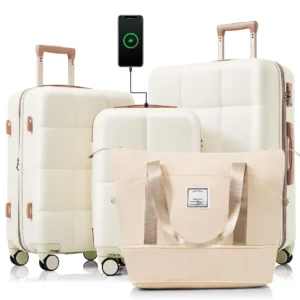 Luggage Sets 4 Piece, 20-inch with USB Port, Expandable ABS Durable Suitcase with Travel Bag, Cup Holder, ABS Hard Shell Luggage with Spinner Wheels, beige