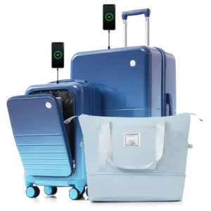 3-Piece Luggage Set with 20' Front-Opening Carry-On, 28' Suitcase, and Expandable Travel Bag, blue
