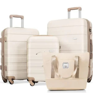 Luggage Sets 4 Piece, Expandable ABS Durable Suitcase with Travel Bag, Carry On Luggage Suitcase Set with 360 Spinner Wheels, ivory and golden